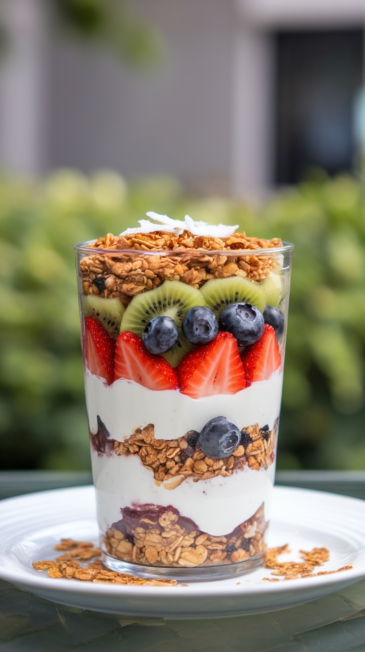 A delicious Greek yogurt parfait layered with granola, berries, and kiwi