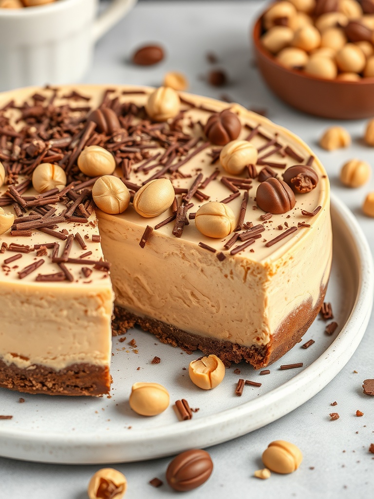 Delicious hazelnut coffee cheesecake with chocolate shavings and hazelnuts on top