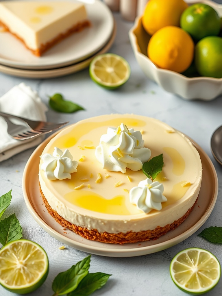 A Key Lime No-Bake Cheesecake topped with whipped cream and lime slices, surrounded by fresh limes and lemons.