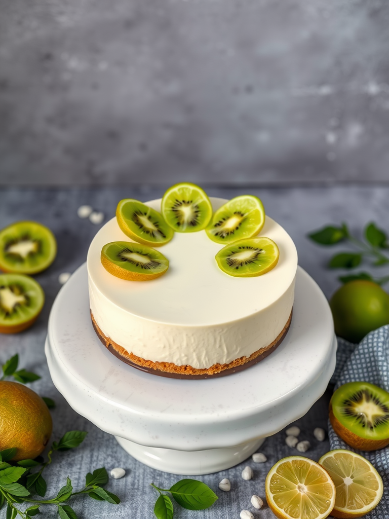 A vibrant Kiwi Lime Cheesecake garnished with fresh kiwi slices on top.