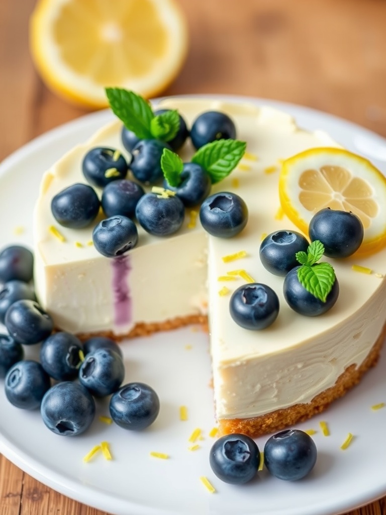 Lemon Blueberry No-Bake Cheesecake with fresh blueberries and lemon slices