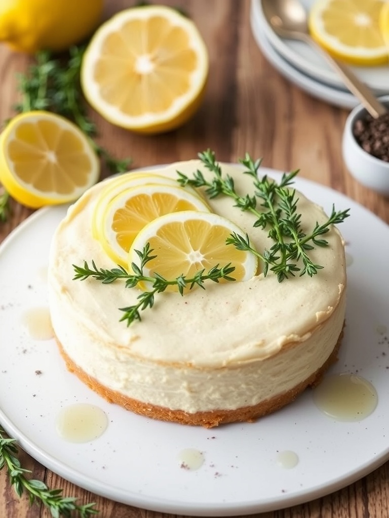 A beautifully presented lemon thyme cheesecake with slices cut out.