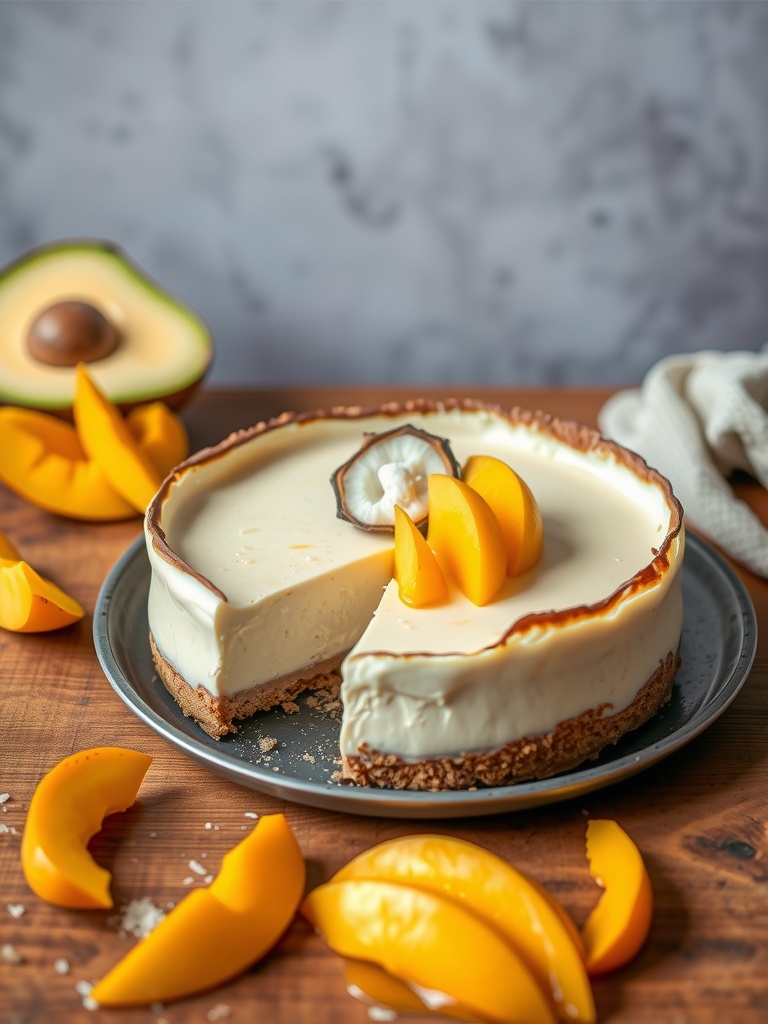 A delicious mango coconut cheesecake topped with fresh mango slices and mint leaves.
