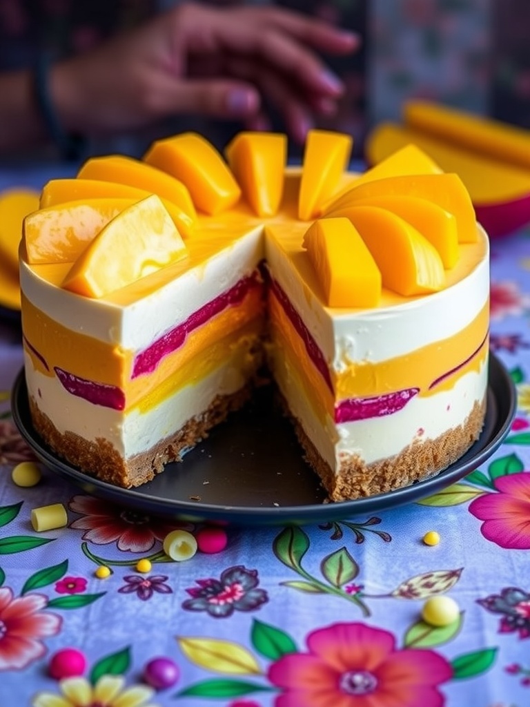 A colorful Mango Passionfruit No-Bake Cheesecake with layers of mango and passionfruit on a wooden display.