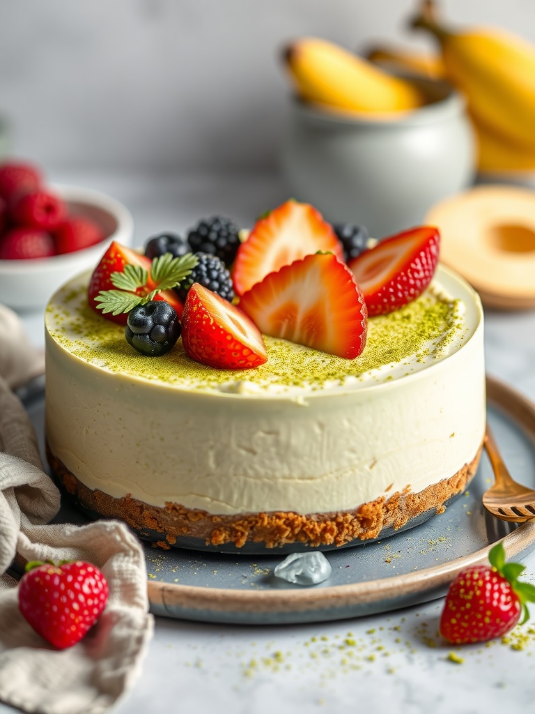 Matcha Green Tea Cheesecake with fresh fruits on top