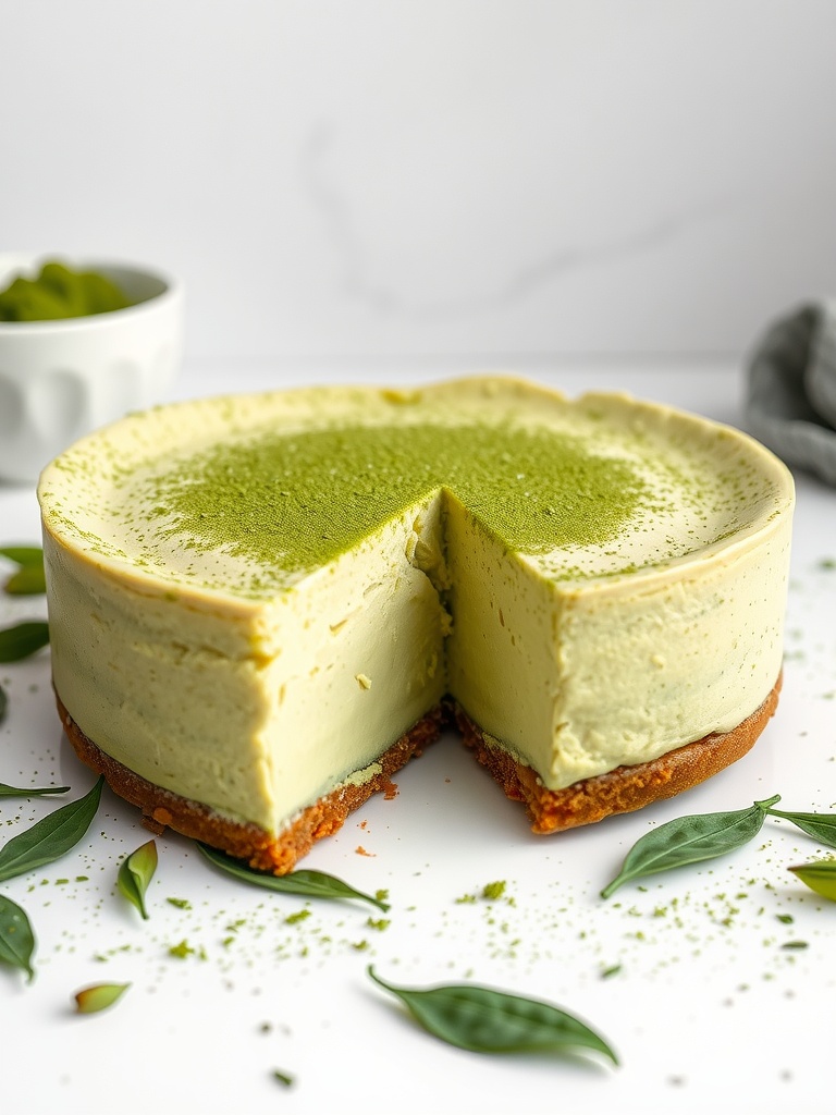 A smooth matcha green tea no-bake cheesecake topped with green tea powder and leaves.