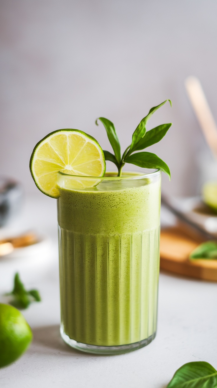 A refreshing matcha green tea smoothie garnished with a lime slice and a sprig of leaves.