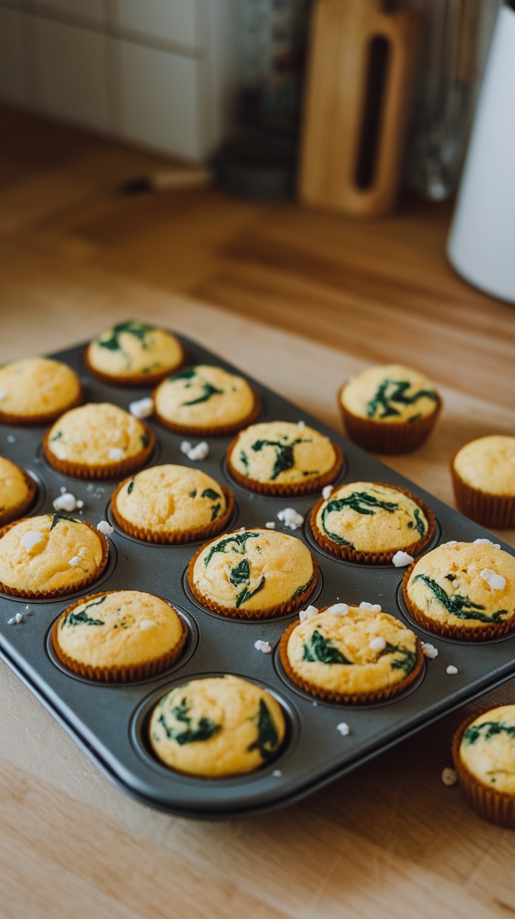 Mini egg muffins with spinach and feta in a muffin tin