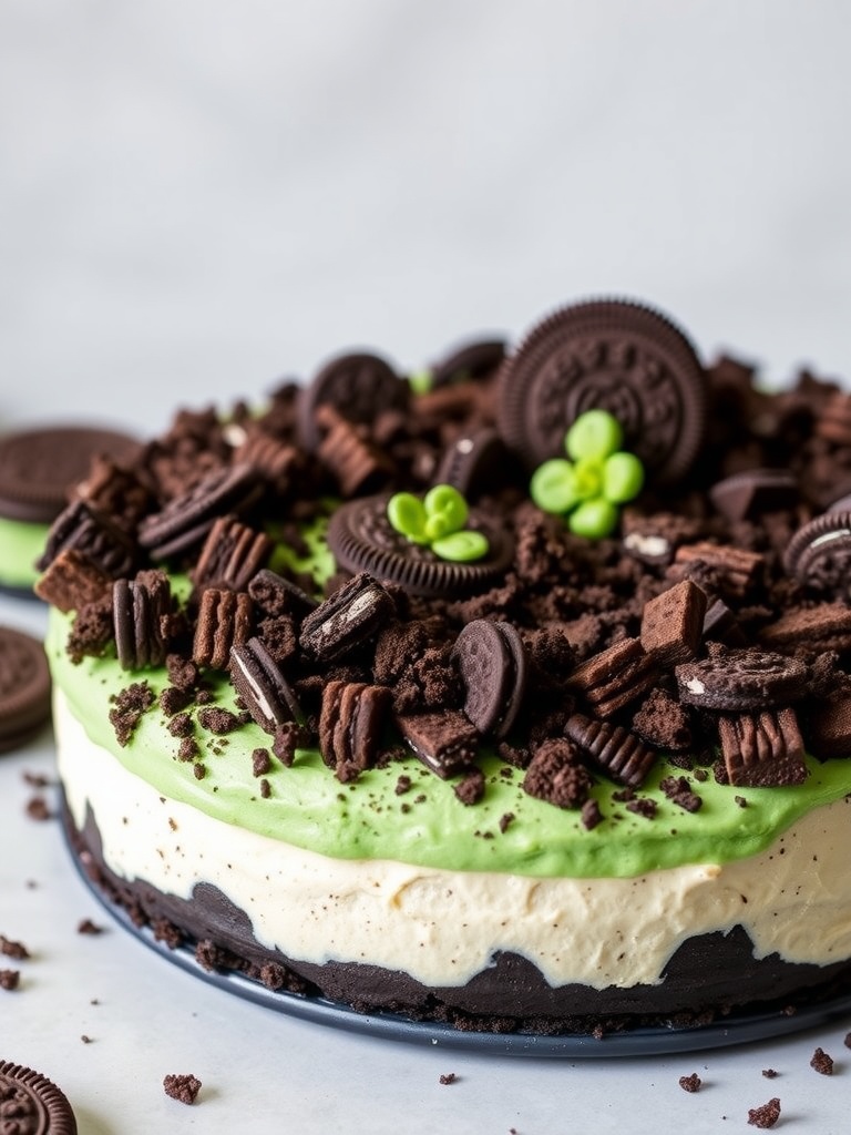 Mint Oreo Cheesecake with mint green topping and crushed Oreos on top