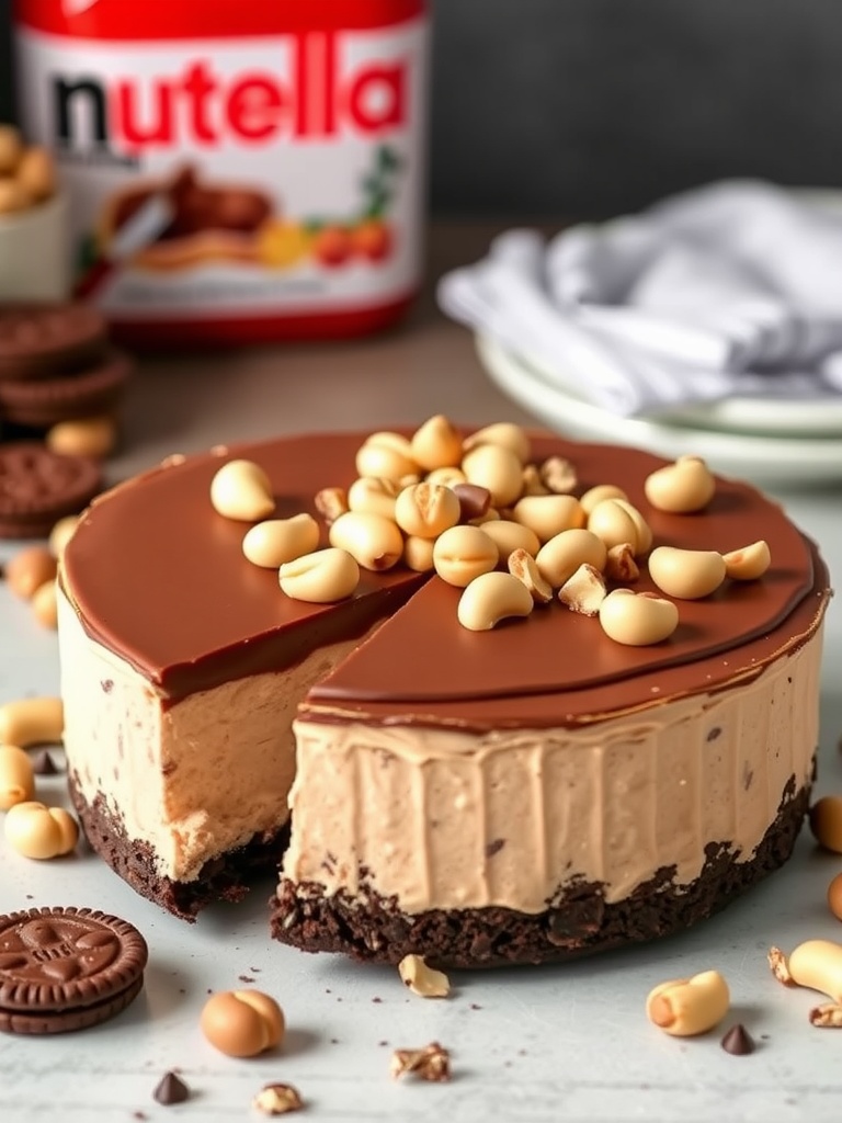 Nutella cheesecake topped with hazelnuts on a plate