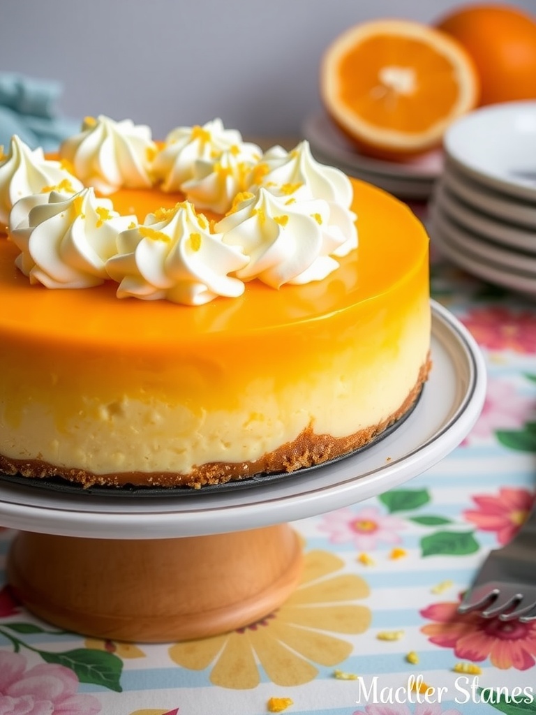 A vibrant Orange Creamsicle Cheesecake topped with whipped cream and orange slices on a decorative plate.