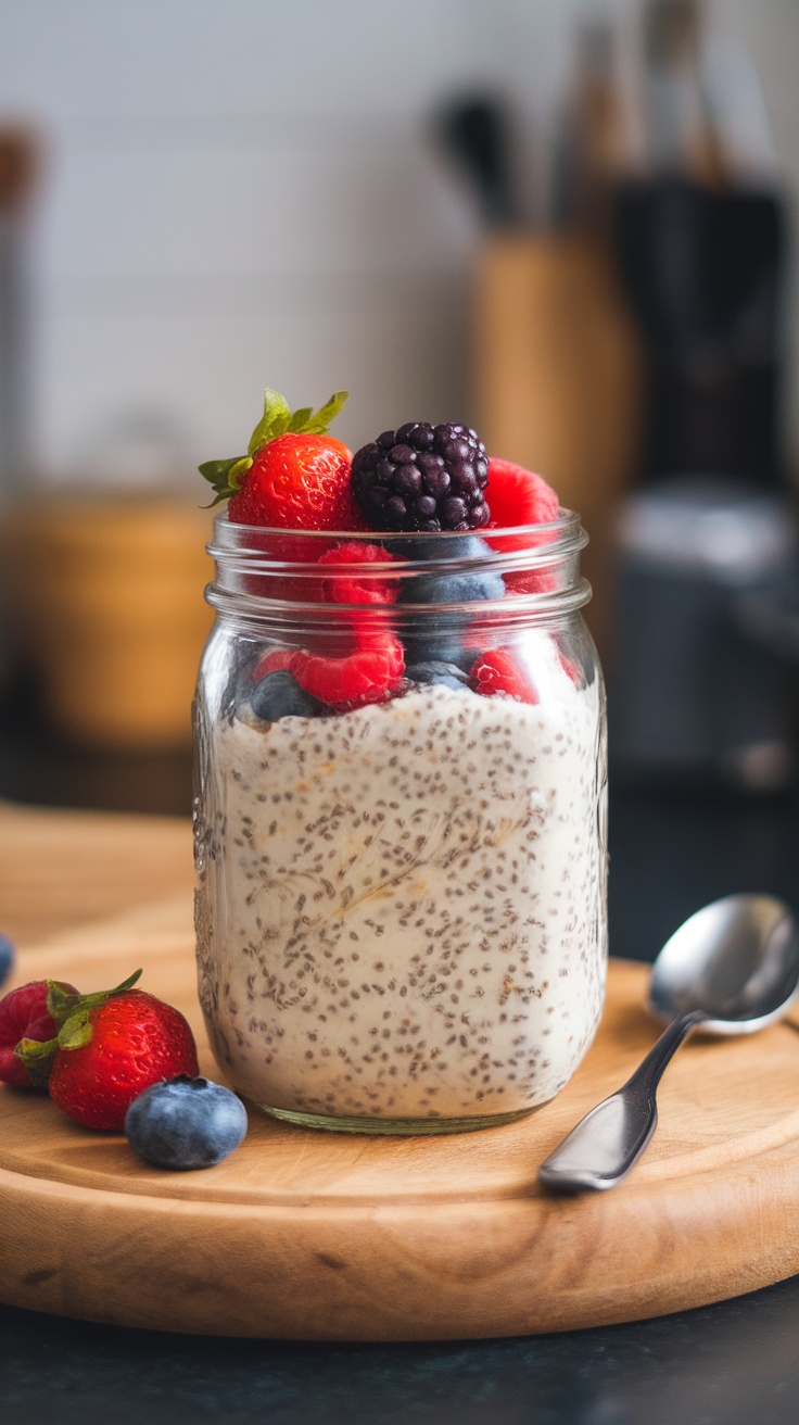A jar of overnight oats topped with fresh berries on a wooden board.