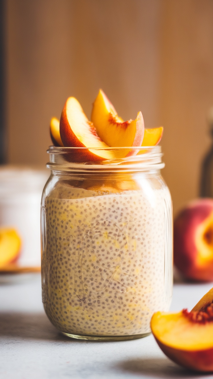 A jar of peach and almond chia pudding topped with fresh peach slices.