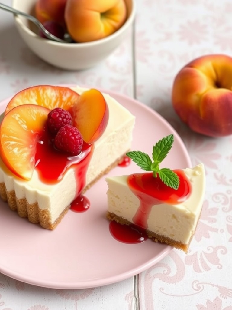 A slice of Peach Melba No-Bake Cheesecake with fresh peach slices and raspberry sauce on top.