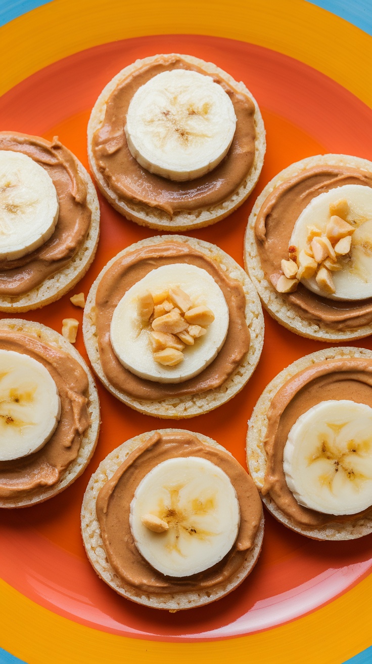 Rice cakes topped with peanut butter and banana slices.