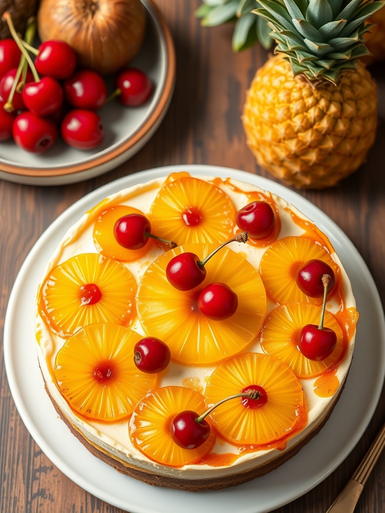 A beautifully arranged Pineapple Upside-Down Cheesecake topped with pineapple slices and cherries.