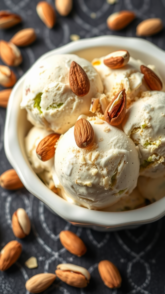 Creamy pistachio almond ice cream topped with almonds.