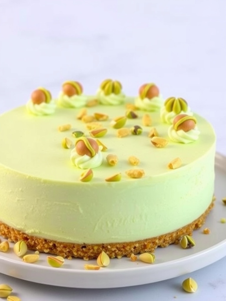A delicious pistachio cheesecake with a nutty topping on a graham cracker crust.