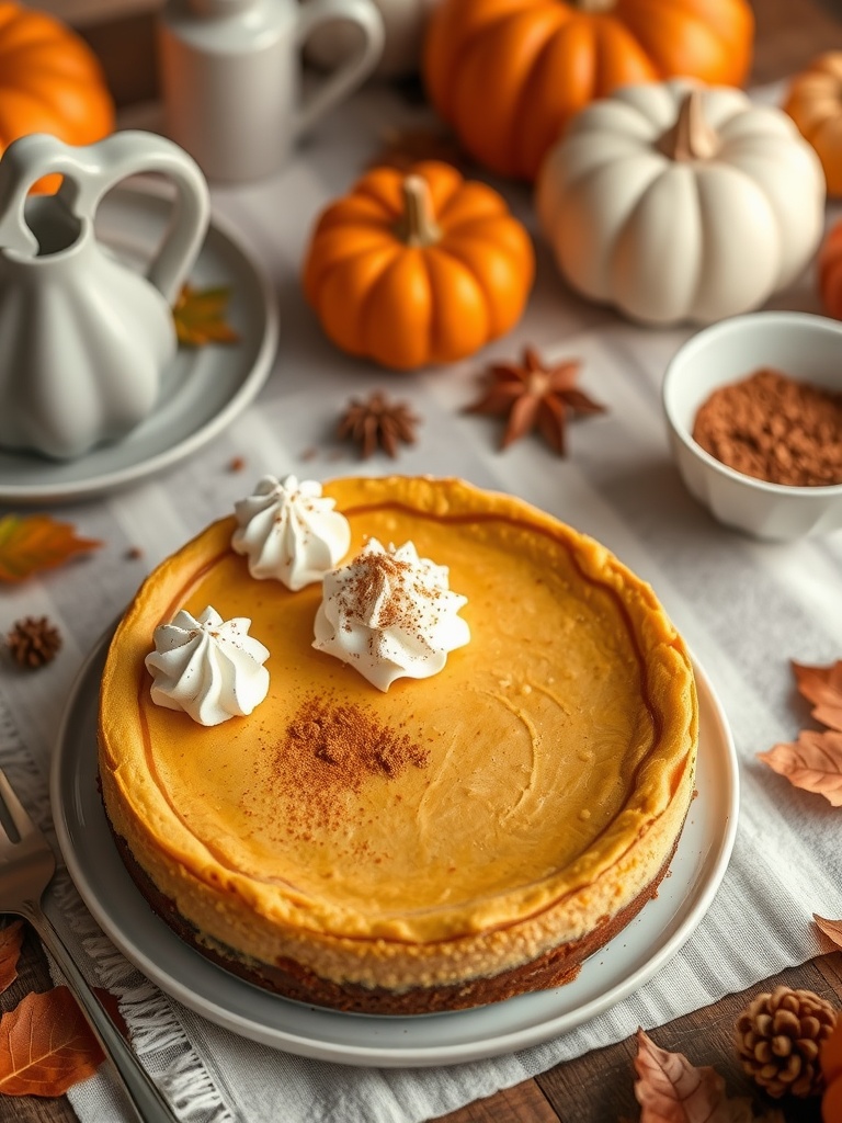 A beautiful no-bake pumpkin spice cheesecake decorated with whipped cream and surrounded by pumpkins and autumn leaves.
