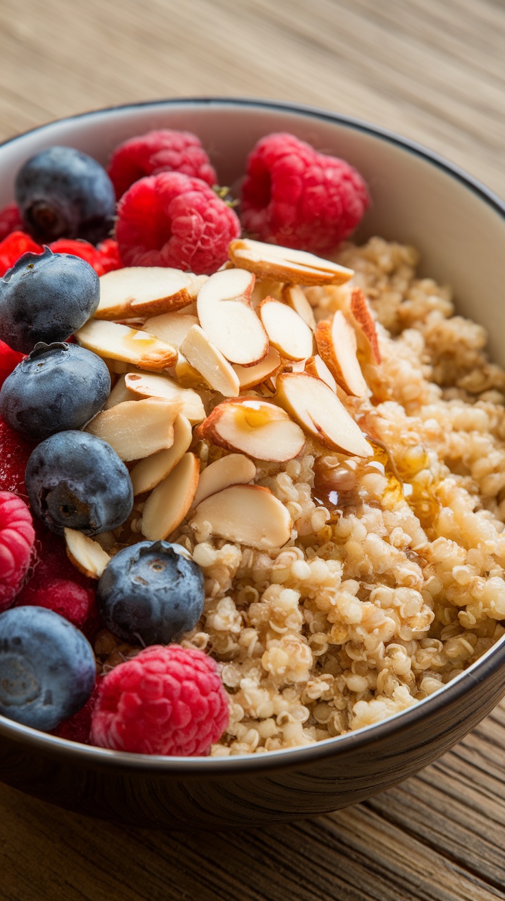 A healthy quinoa breakfast bowl topped with sliced almonds and fresh berries.
