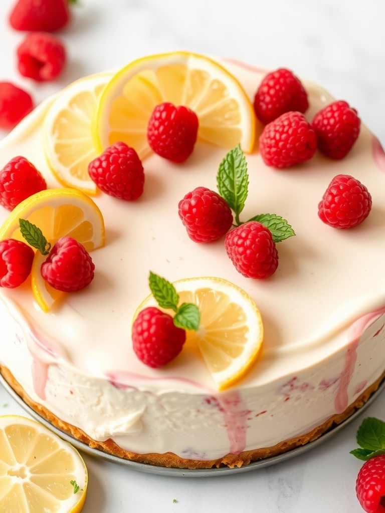 A delicious Raspberry Lemonade Cheesecake topped with fresh raspberries and lemon slices.