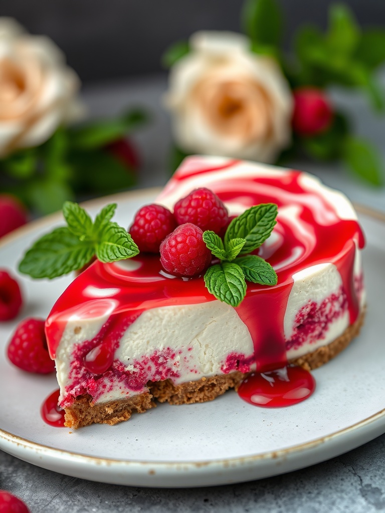 A delicious raspberry swirl no-bake cheesecake topped with fresh raspberries and mint leaves.
