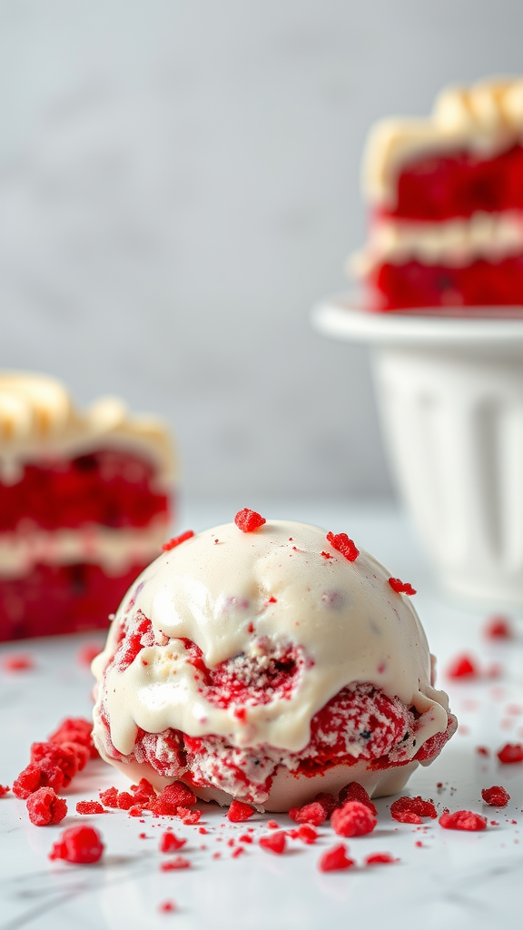 A scoop of red velvet cake ice cream with cream cheese frosting and red velvet cake crumbs.