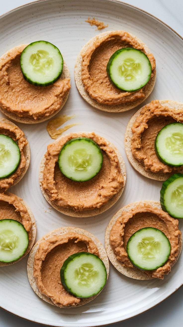 Rice cakes topped with hummus and cucumber slices