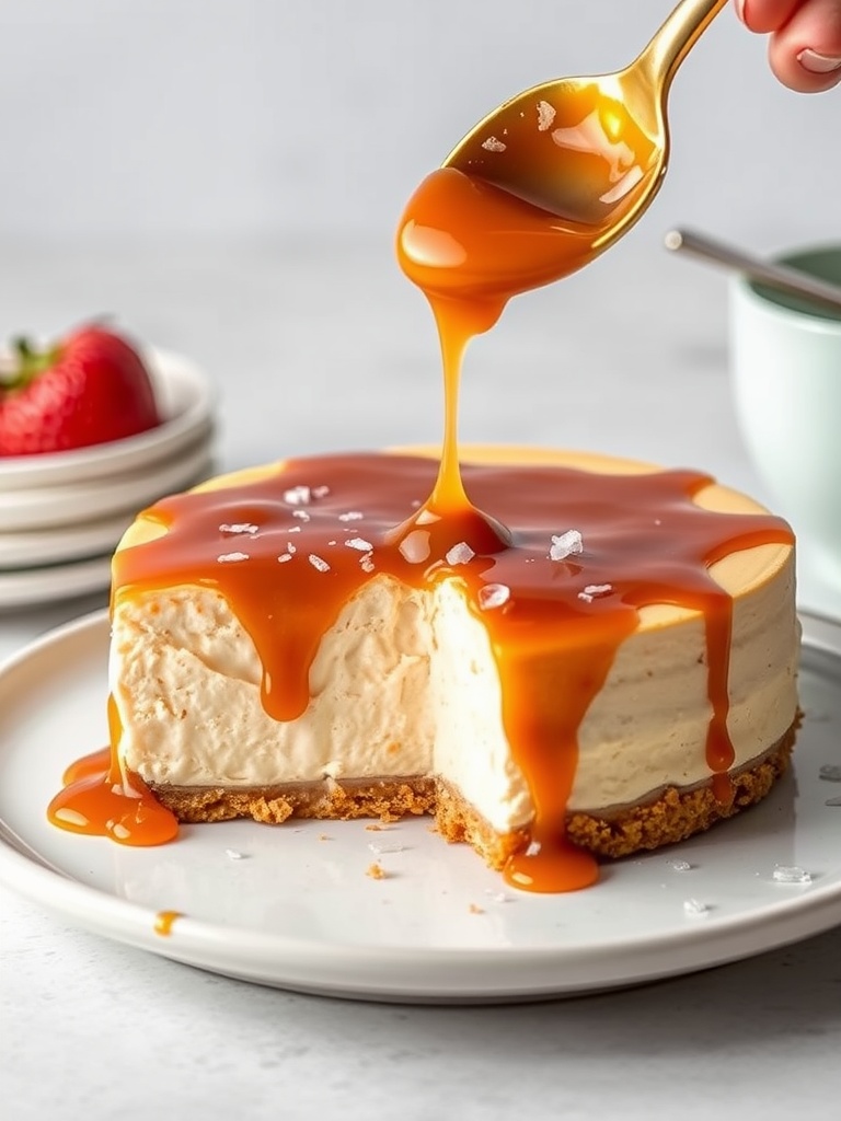 Delicious salted caramel cheesecake with a graham cracker crust, topped with caramel sauce and sea salt.