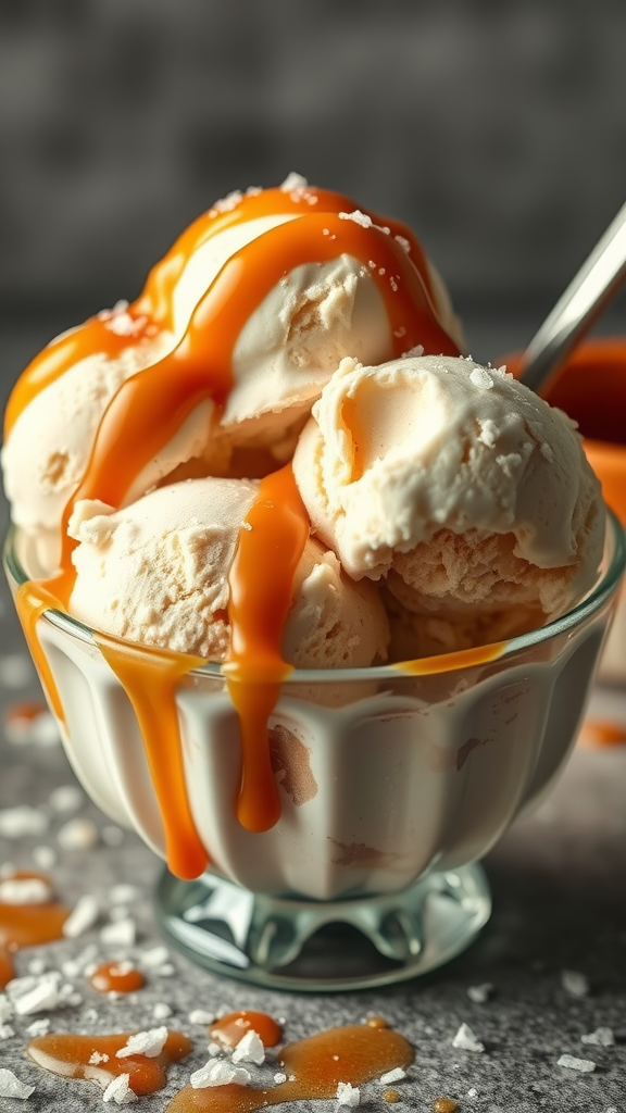 A bowl of salted caramel ice cream drizzled with caramel sauce