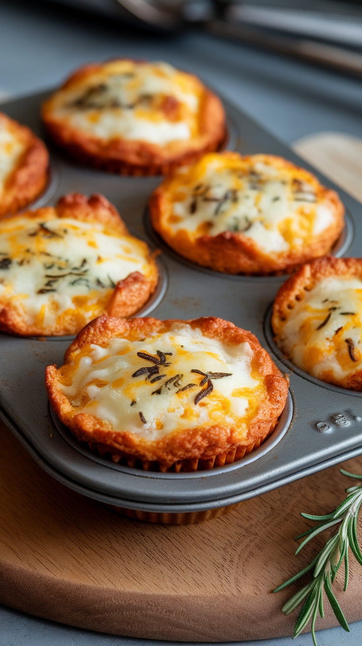 Savory breakfast muffins with melted cheese and herbs