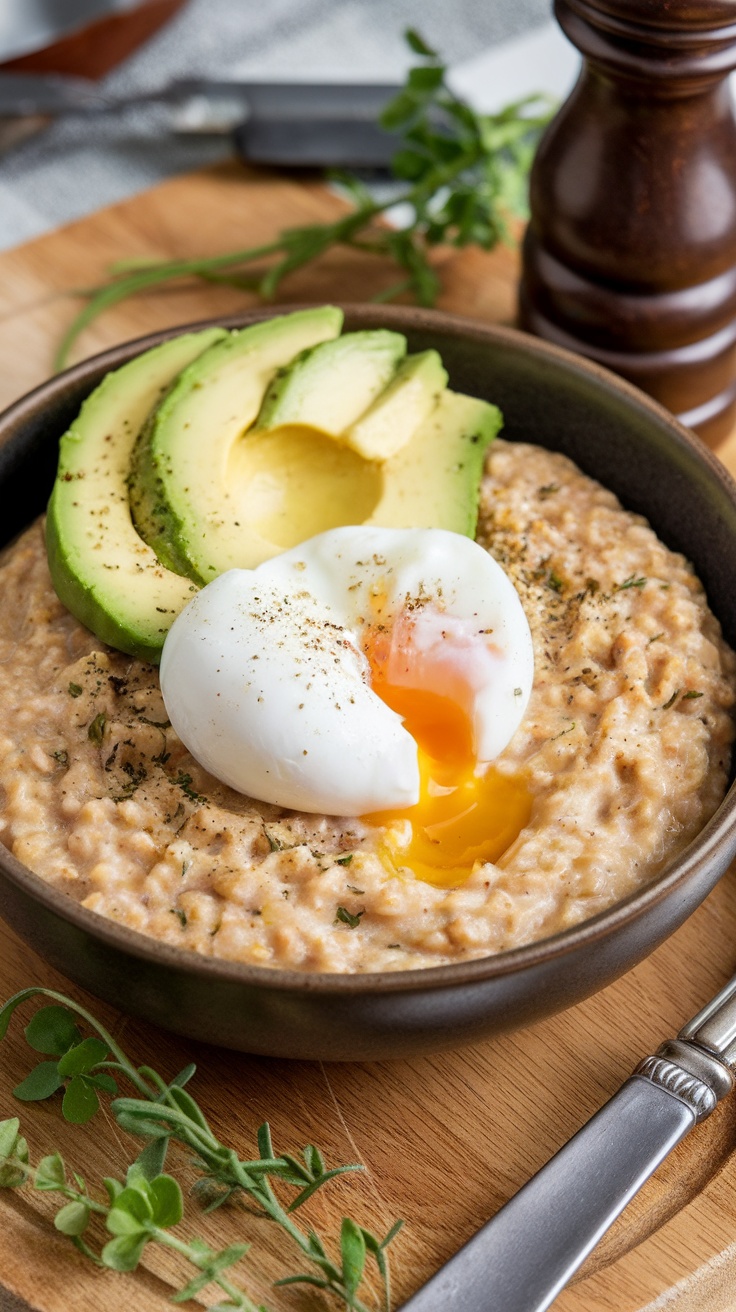 A bowl of savory oatmeal topped with a poached egg and slices of avocado, garnished with herbs.
