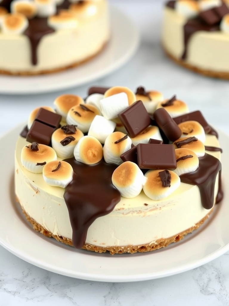 A delicious s'mores cheesecake topped with marshmallows and chocolate drizzle