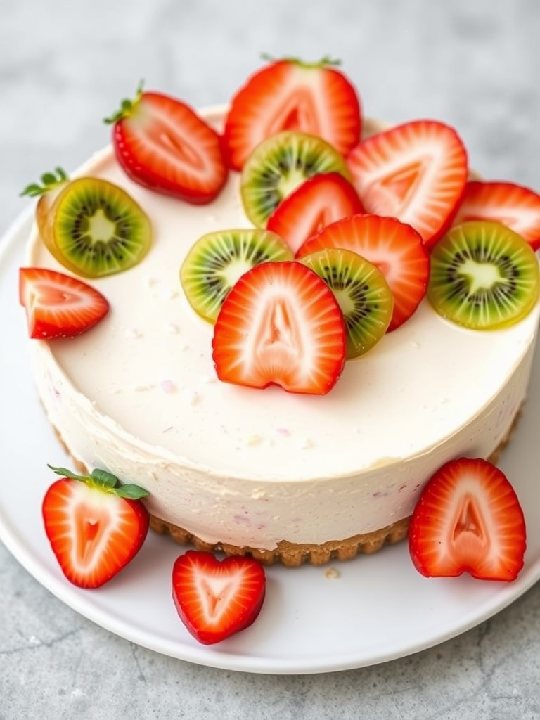 Strawberry kiwi cheesecake topped with fresh strawberries and kiwi slices.