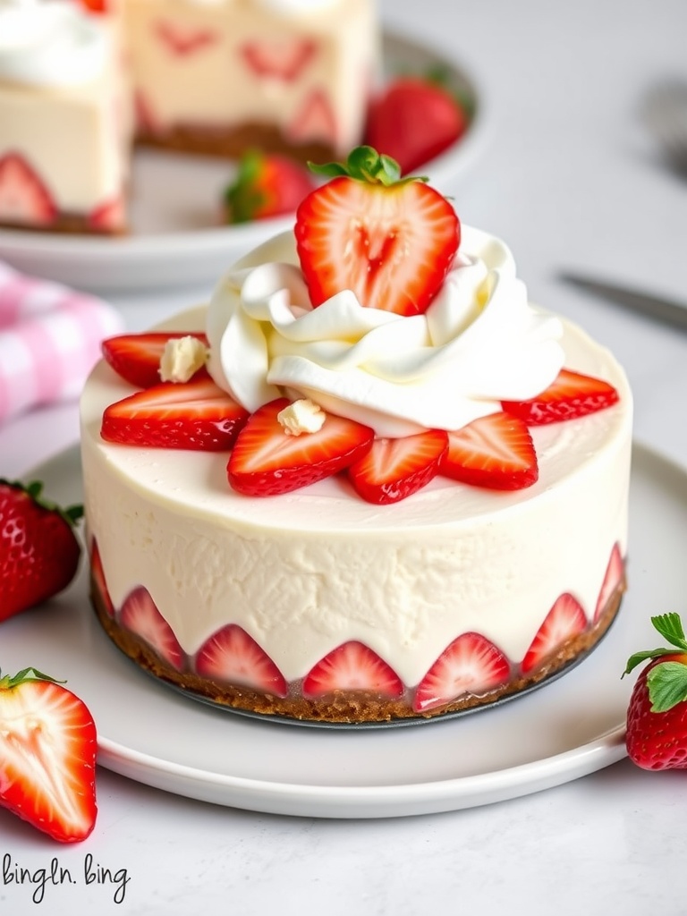 A delicious strawberry shortcake cheesecake topped with fresh strawberries and whipped cream.
