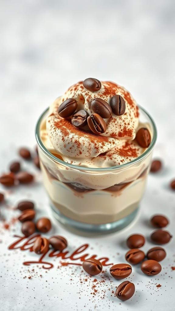 A creamy dessert with layers of coffee flavor and cocoa powder topping