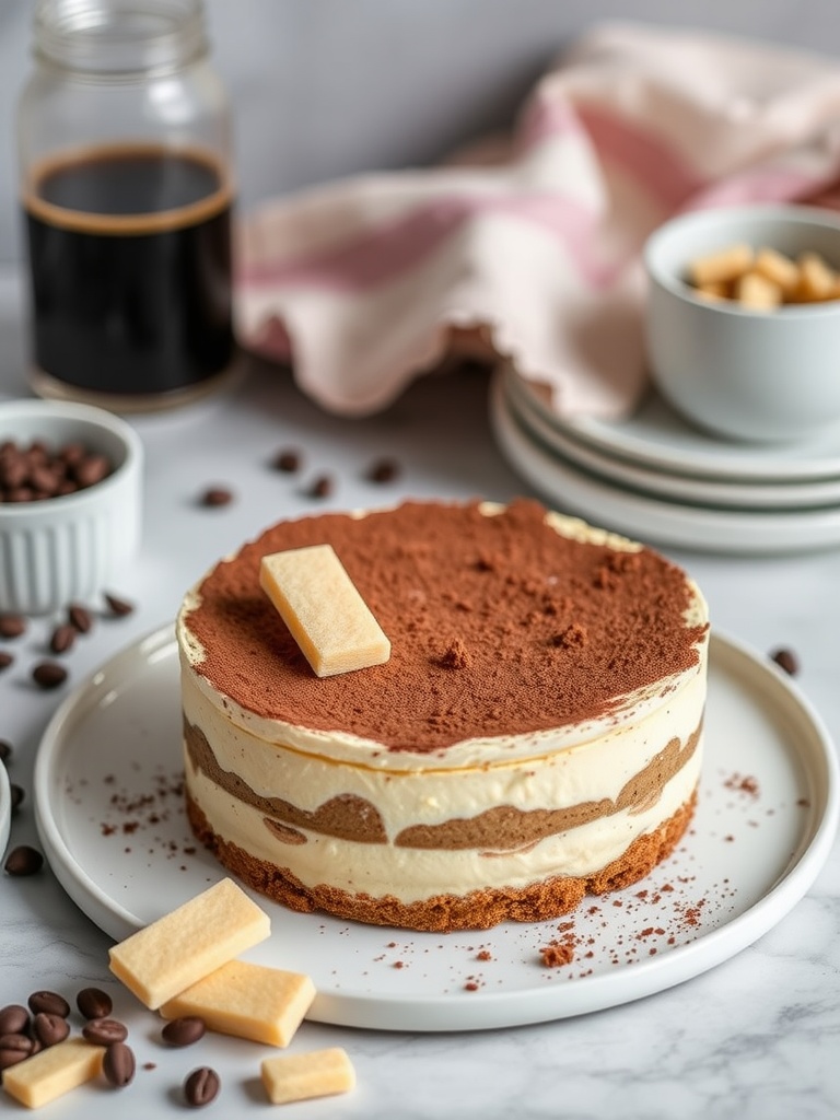 Tiramisu No-Bake Cheesecake with coffee beans and wafers