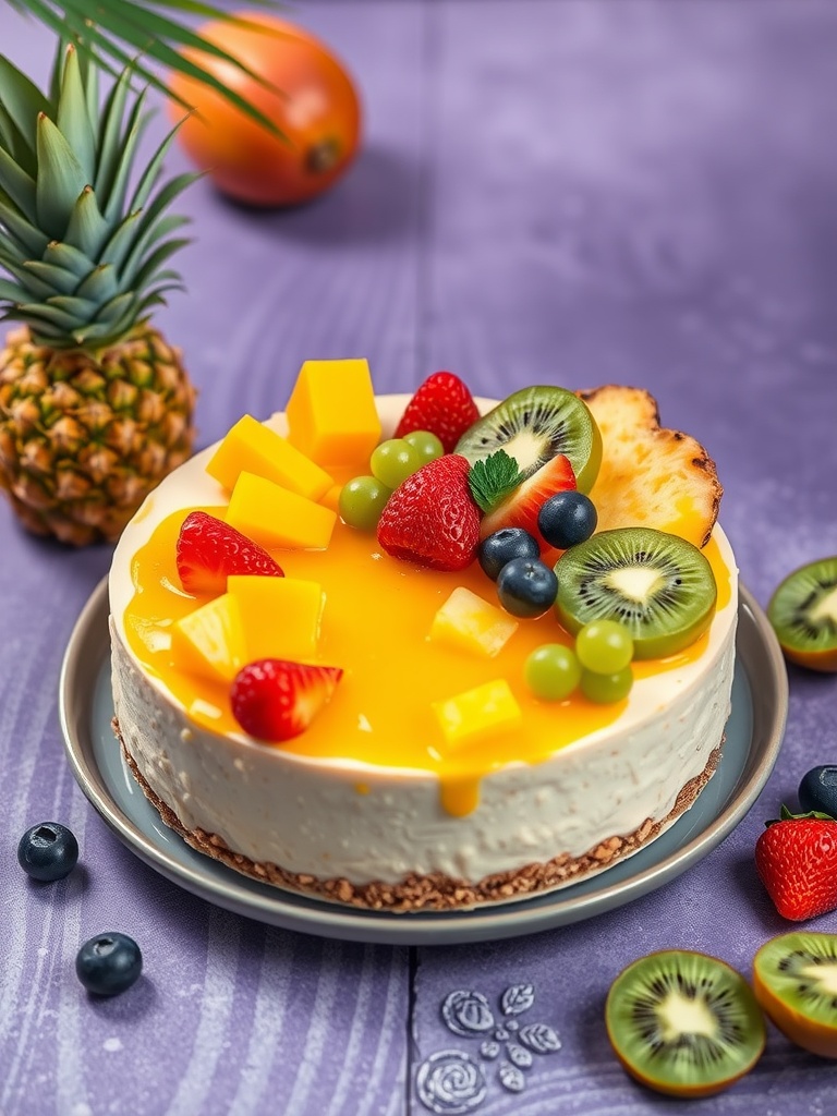 A beautifully decorated tropical fruit cheesecake with a variety of fresh fruits on top.