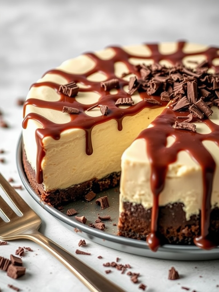 No-Bake Vanilla Fudge Cheesecake with chocolate drizzle