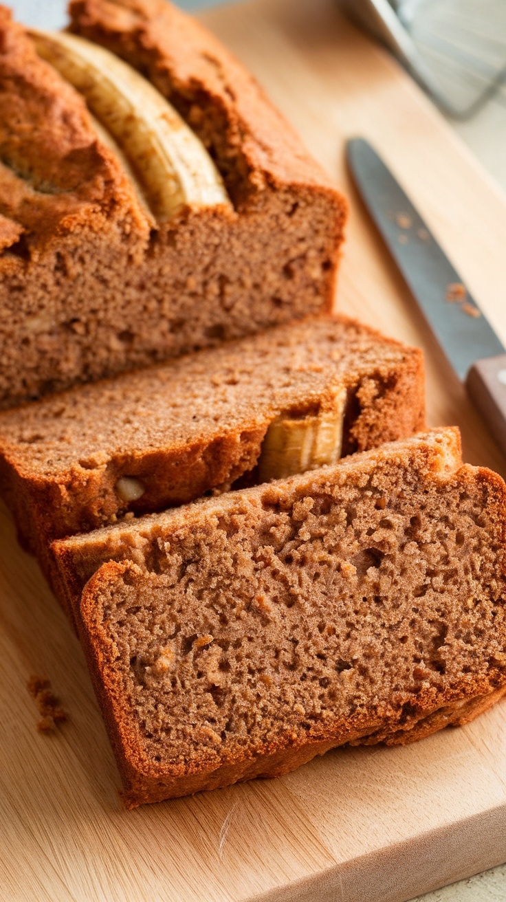 Slices of whole wheat banana bread on a wooden cutting board.