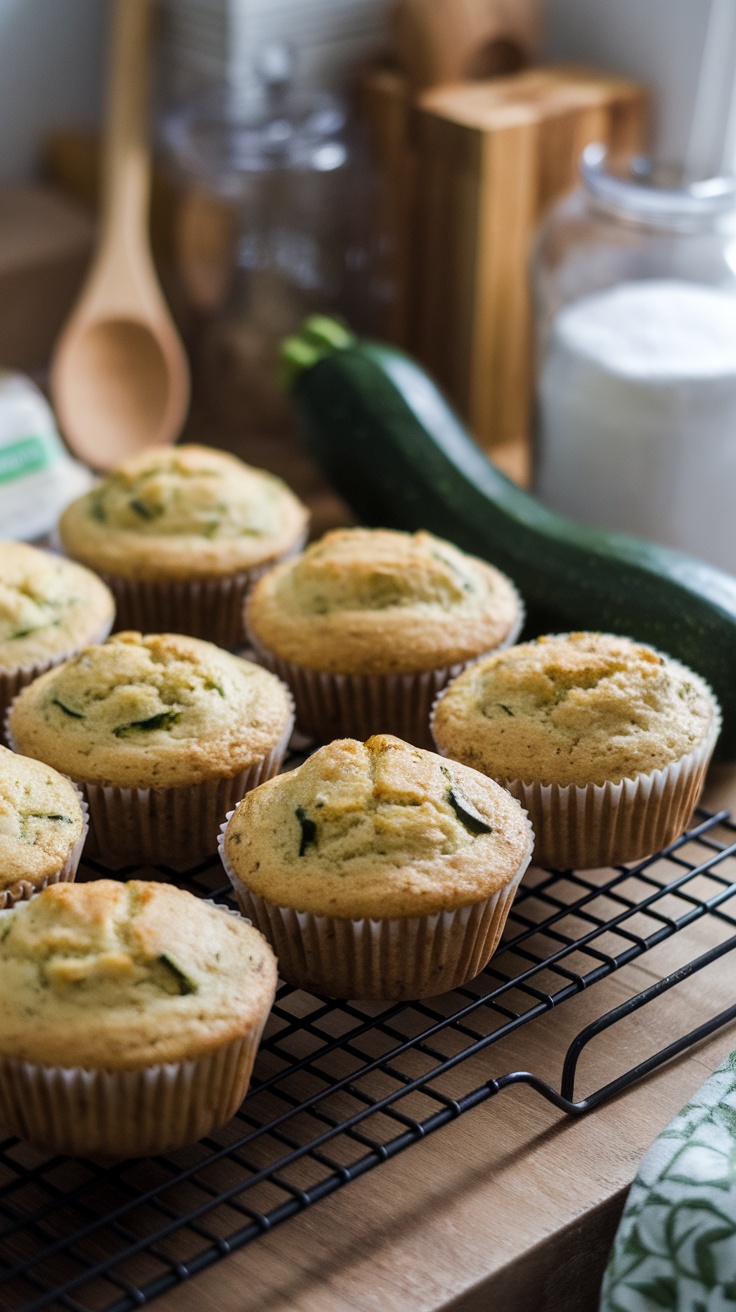Zucchini bread muffins on a wire rack with a zucchini in the background.