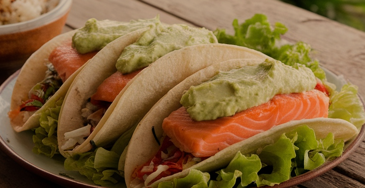 Salmon Tacos with Avocado Crema