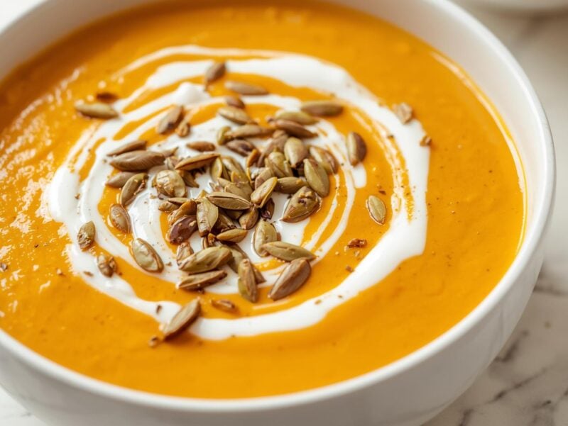 Pumpkin soup with a swirl of cream and pumpkin seeds on top