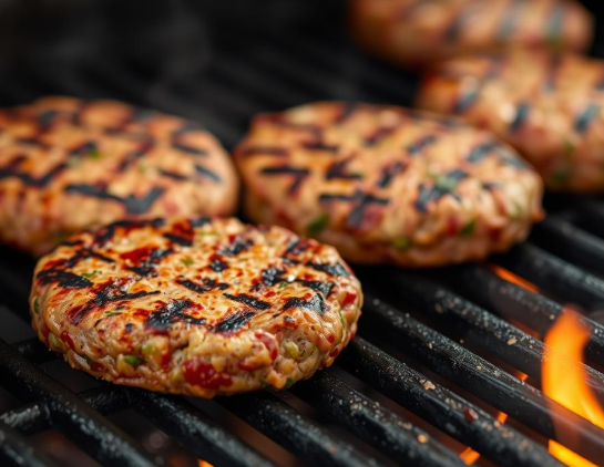 Veggie burgers cooking on a grill with visible grill marks