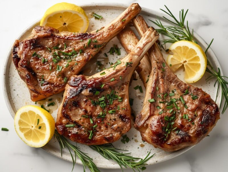 ender Grilled Lamb Chops with Fresh Herbs and Zesty Flavors served on a rustic wooden board with lemon wedges and fresh herbs