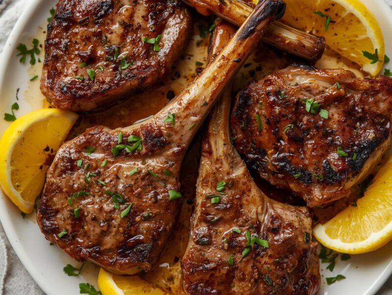 ender Grilled Lamb Chops with Fresh Herbs and Zesty Flavors served on a rustic wooden board with lemon wedges and fresh herbs