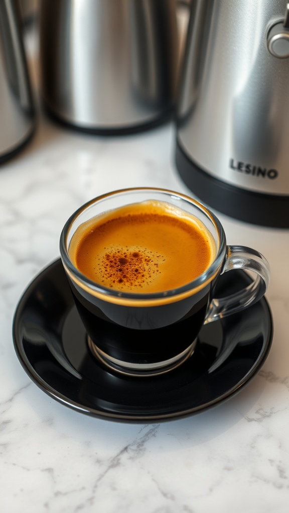 A classic espresso served in a glass cup with a touch of sugar on a black saucer.