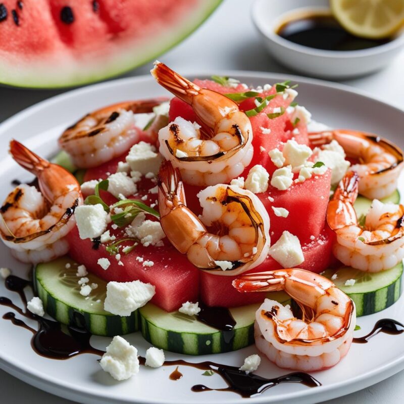 Watermelon, Cucumber and Feta Salad with Grilled Shrimp
