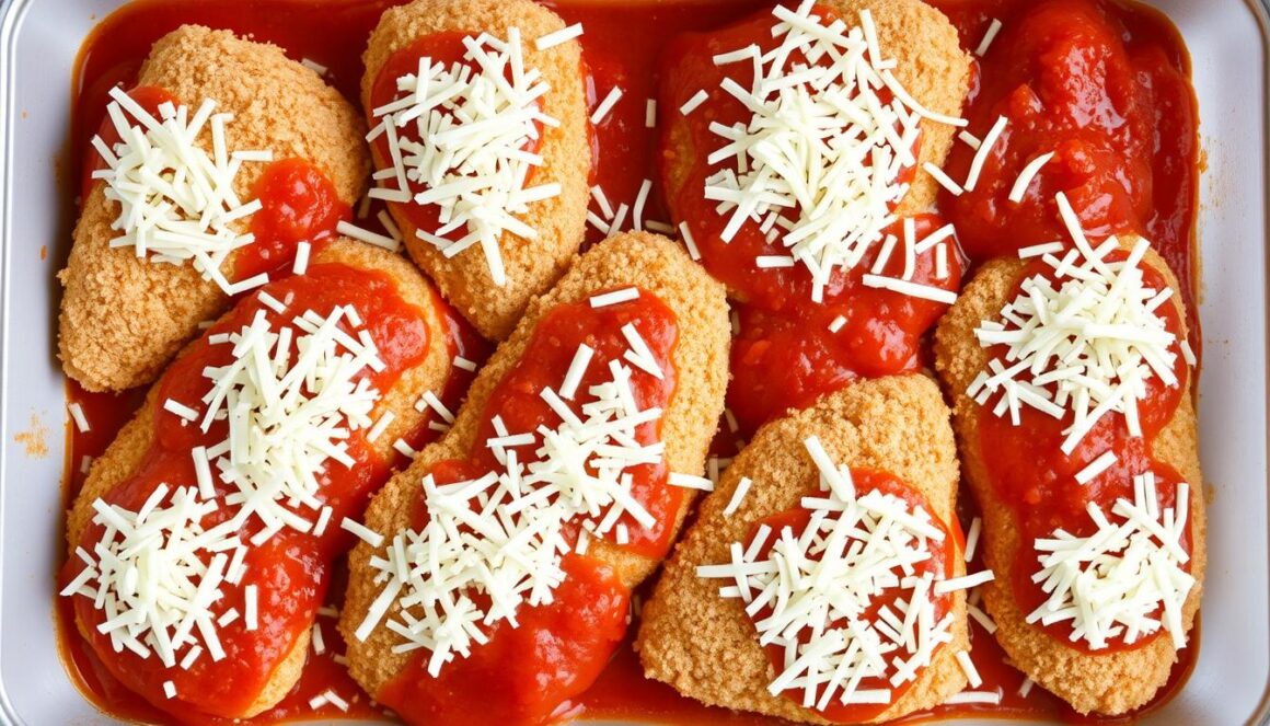 Assembling chicken parmesan in a baking dish with sauce and cheese Assembling chicken parmesan in a baking dish with sauce and cheese