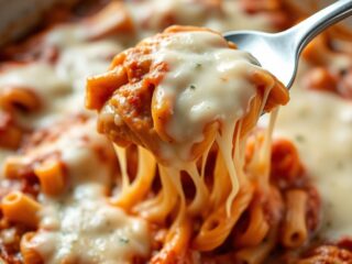 Baked Ziti Recipes with melty cheese being served from a baking dish